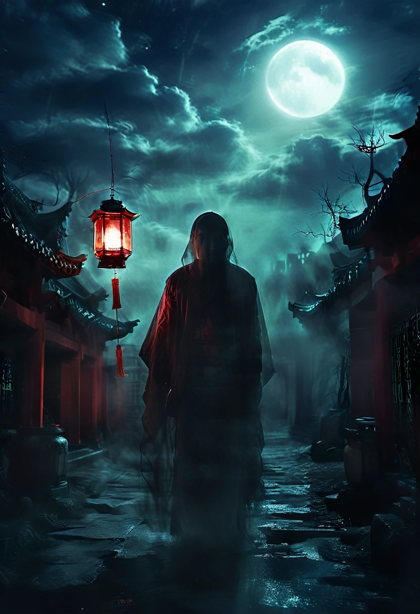 (best quality,high resolution:1.2),Super detailed,Practical:1.37,a transparent ghost in midnight,Chinese Temple,jungle,desolate,,dark,barren land,weird,mystery,horrible,Ominous Red,unforgettable,desolate,unmanned,(((Dark sky)))，Transparent ghost photo，Holding a lantern, moonlight, heavily clouded, dark幻想插画风格, dark艺术, High contrast, dark的阴影, Atmospheric perspective , Melancholic colors, Film composition, Volumetric Lighting, number, Brushstrokes, Dramatic Lighting, Low Angle, Surrealism, Ultra Detailed, Surrealism