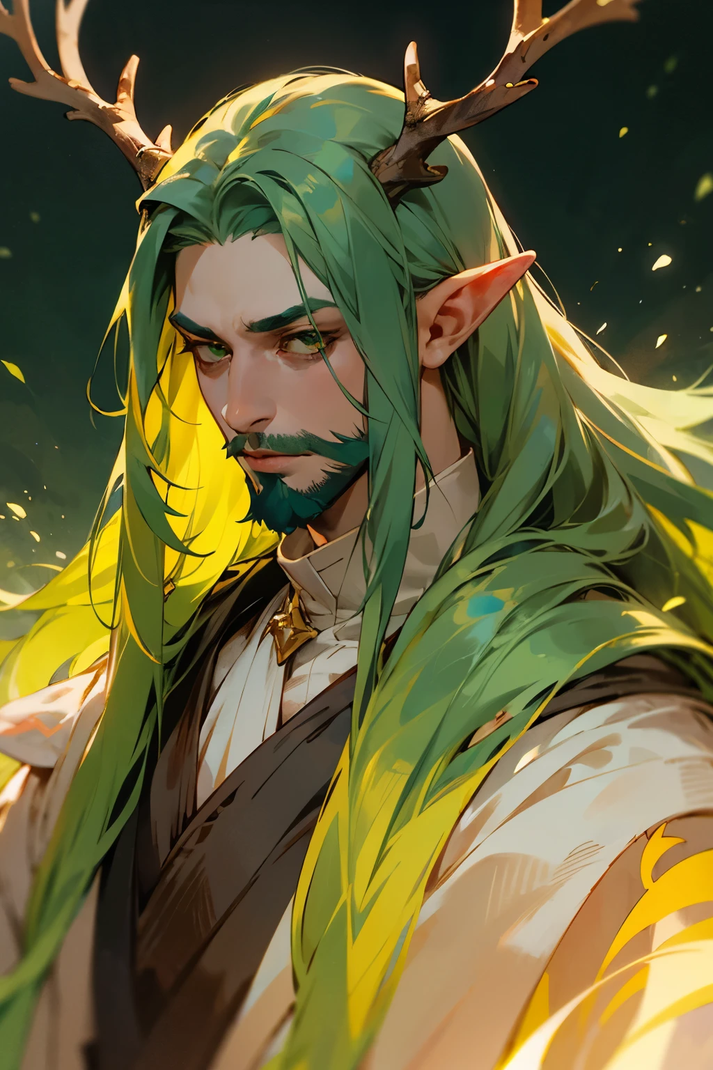 green skinned Male eladrin with long green hair antlers and a neat trimmed green beard no mustache and golden eyes