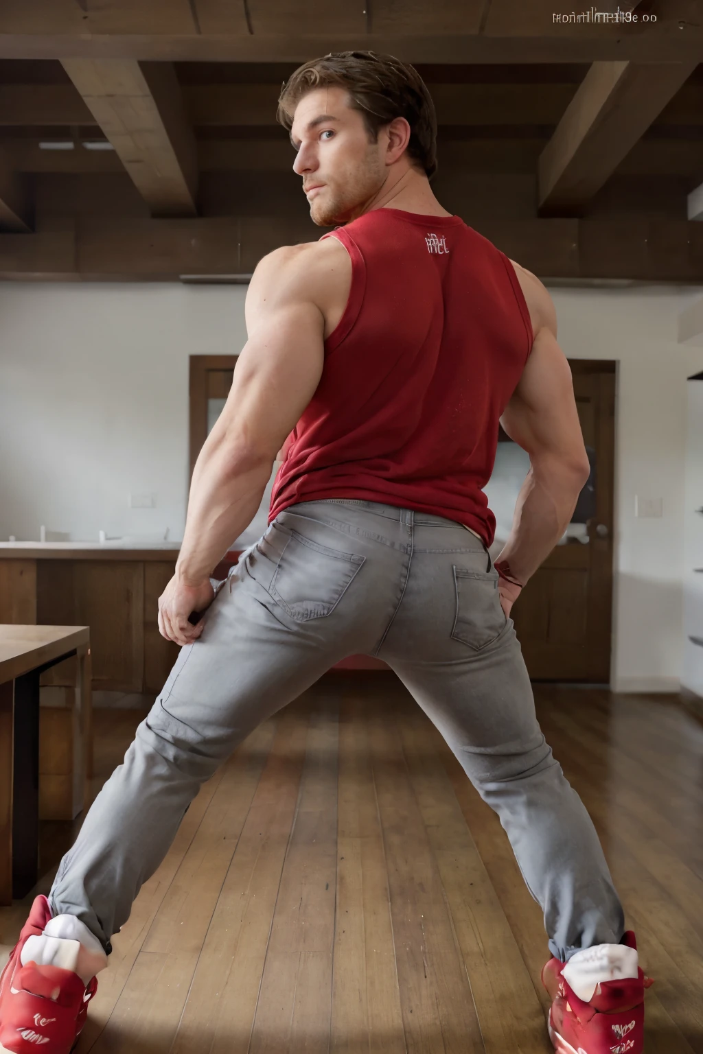 muscular man, stubble, scruffy, broad shoulders, face detailed,  wearing red commandforce, full body, muscular body, big butt, jeans backside 