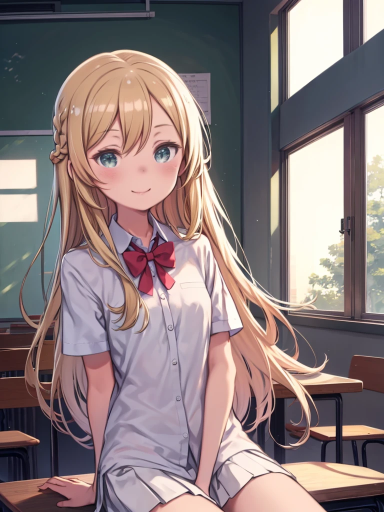Anime girl sitting at a desk with a pen in her hand、highest quality, masterpiece, High resolution, 一人in, {Olivia_asobiasobase:1.15}, blonde_hair, length_hair, green_eye, tie, indoor, One girl, blush, Braiding, Closed_mouth, Looking_in_Audience, shirt, smile, white_shirt, 前hair, With collar_shirt, hair_between_eye, Outdoor, School_uniform, short_sleeve, upper_body