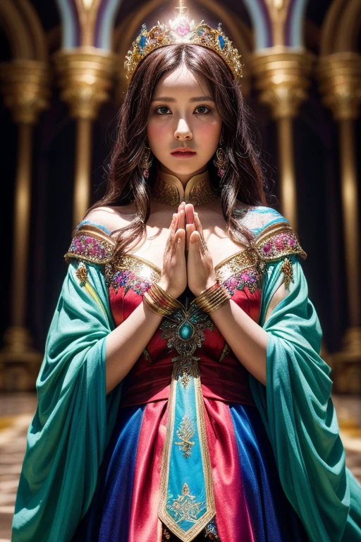 Fantasy art, Colorful costumes, mystery, luxury, strict, fantasy, soft, hope, Woman Praying, Facing the photographer, (Raise your gaze:1.2) 