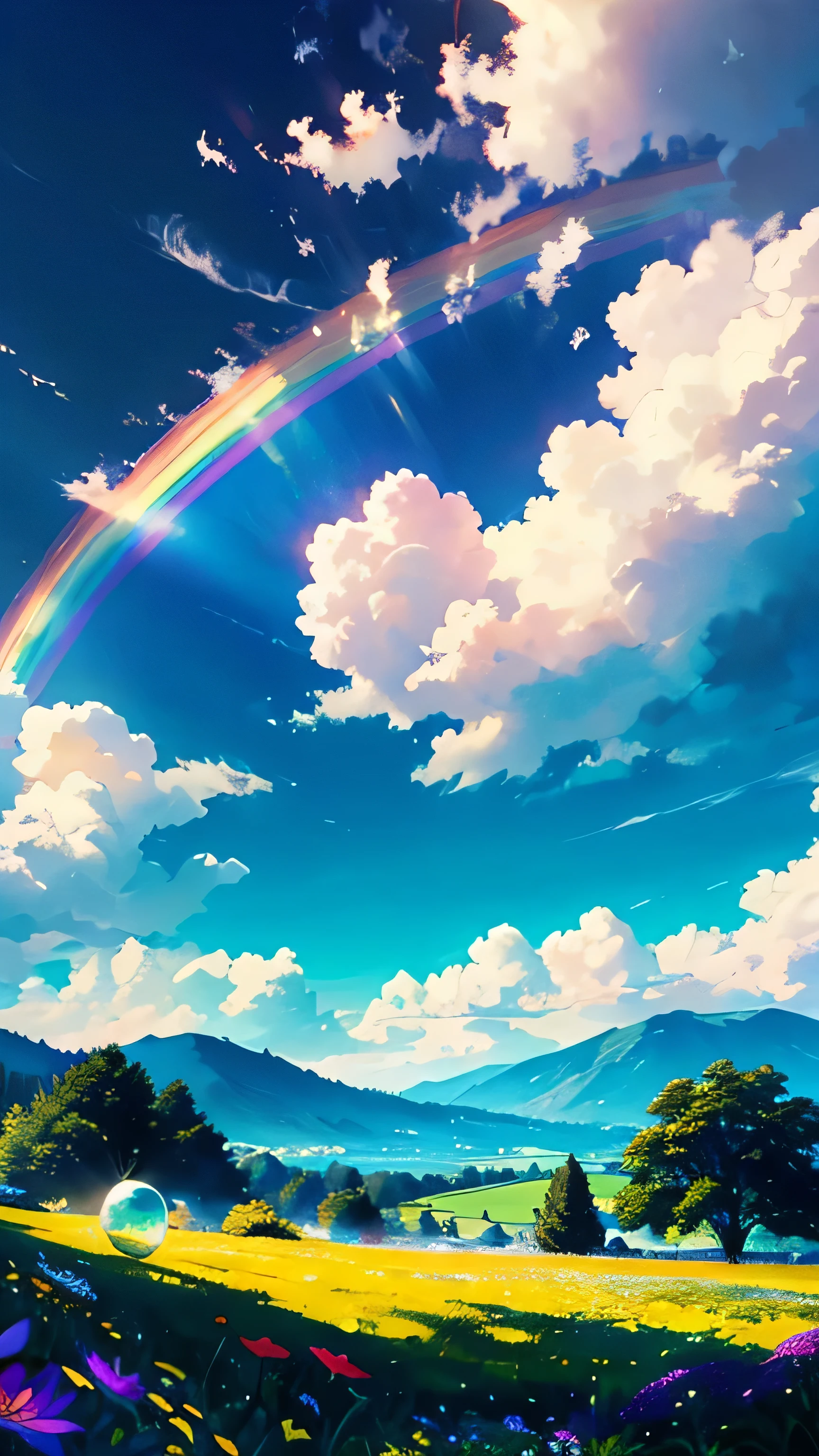 (From below, The sky above, Open the fields below), Blue sky, White clouds, Sun, Sunlight, spheres, Mountains, green trees, Butterfly, grassy fields, Flowers, Wind, Sunshine, (Dynamic composition: 1.4), rich details, Rich in color, (Rainbow colors: 1.2), (luminous, Atmospheric lighting), Dreamy, magical,
