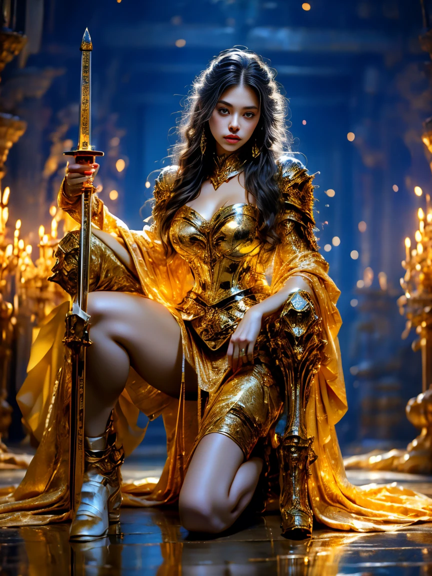 Painting of a woman in armor holding a sword,Golden Armor,Beautiful female knight,Light gold,Gold Obsidian Armor,golden goddess athena,Smooth golden armor,(Knee Shot:1.5),Sexy,blue eyes,Extra large breasts,Pointy huge breasts gorgeous jewelry,Lips slightly open,Keep your lips elegant and charming,(blush),Contempt,Calm and handsome,oc rendering reflection texture,Sexy风格,Medieval Castle Background,Slim body,Very small waist,(erect nipples see trough dress),masterpiece,best quality,high resolution,8K,original photo,real picture,Digital Photography,(UHD, anatomically correct, textured skin, ccurate, award winning)
