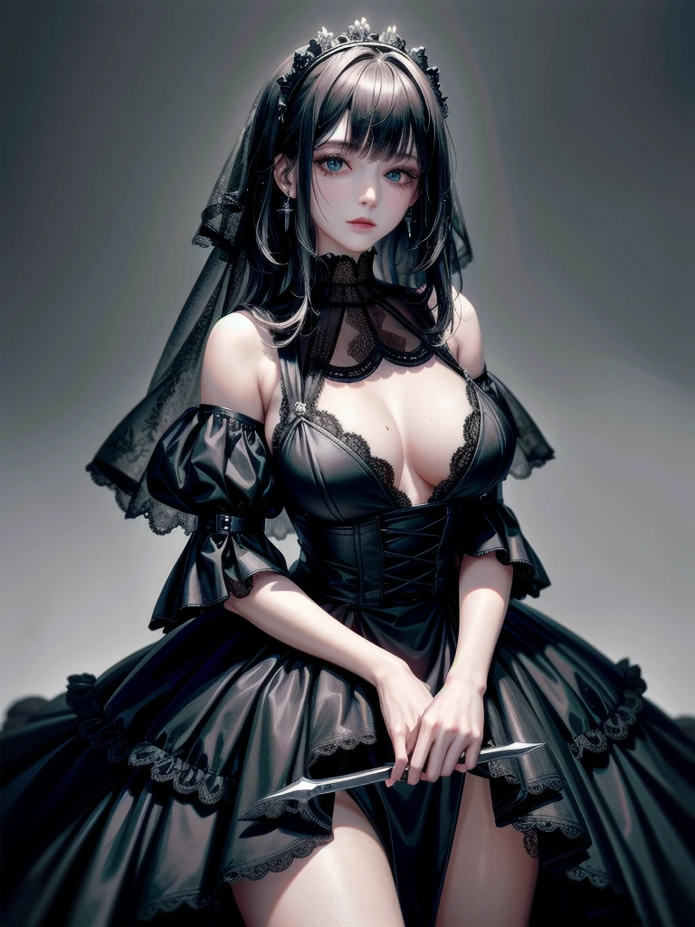 whole body, bloody huge axe, sickly, black dress, face veil, mansion, hall, absurdres, RAW photo, extremely delicate and beautiful, masterpiece, Best Quality, ultra high resolution, 32k, hyperrealistic, ultra-detailed description, pale skin, 20 years old, detailed beautiful face and eyes, tearful mole, earring, Colossal tits, short medium wavy hair,