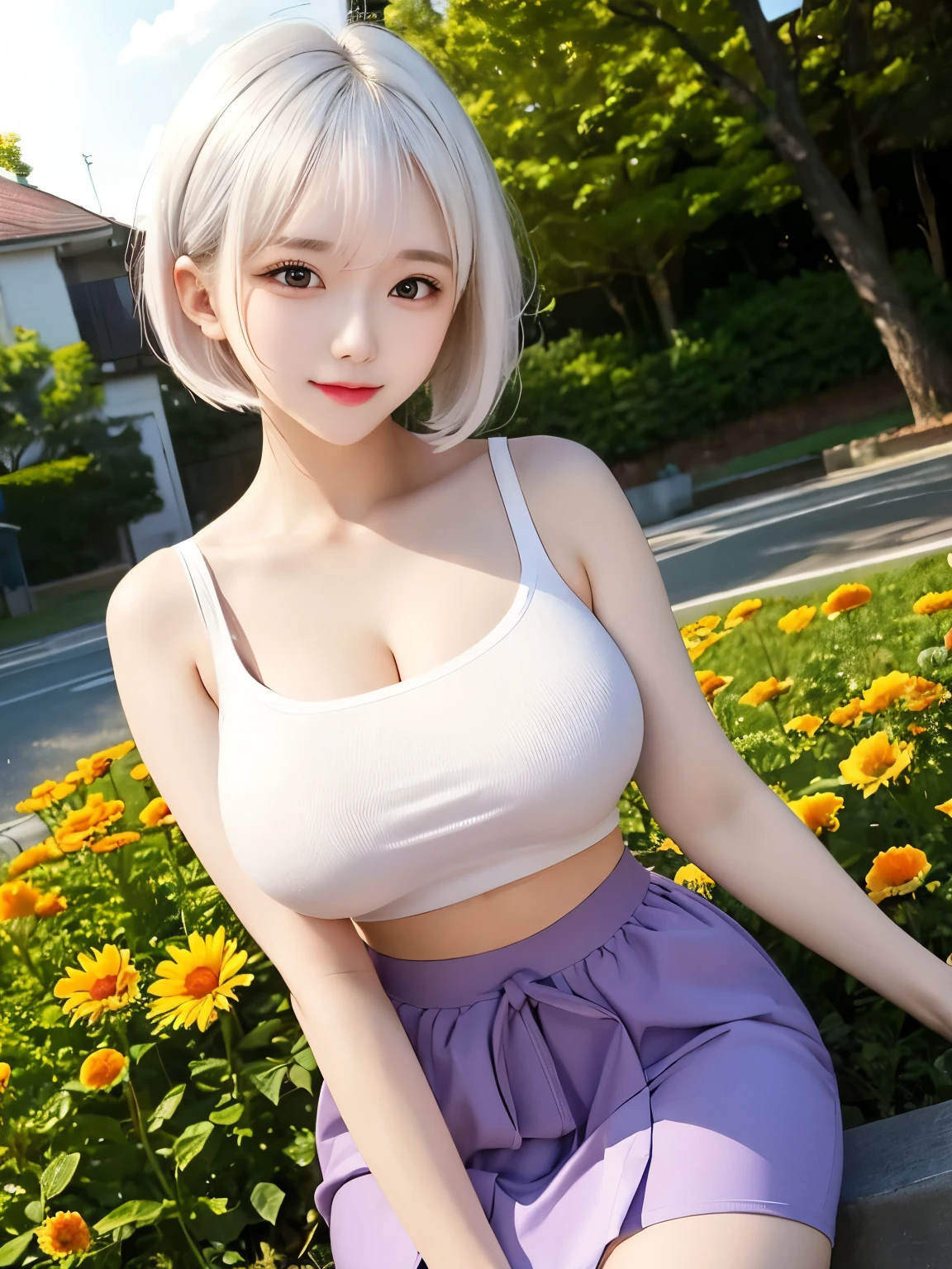 Practical, 1 Girl, white hair, Purple Eyes, Glowing eyes, crop top, skirt, blush, night, Flowers, sun, sunlight, sagging breasts, 