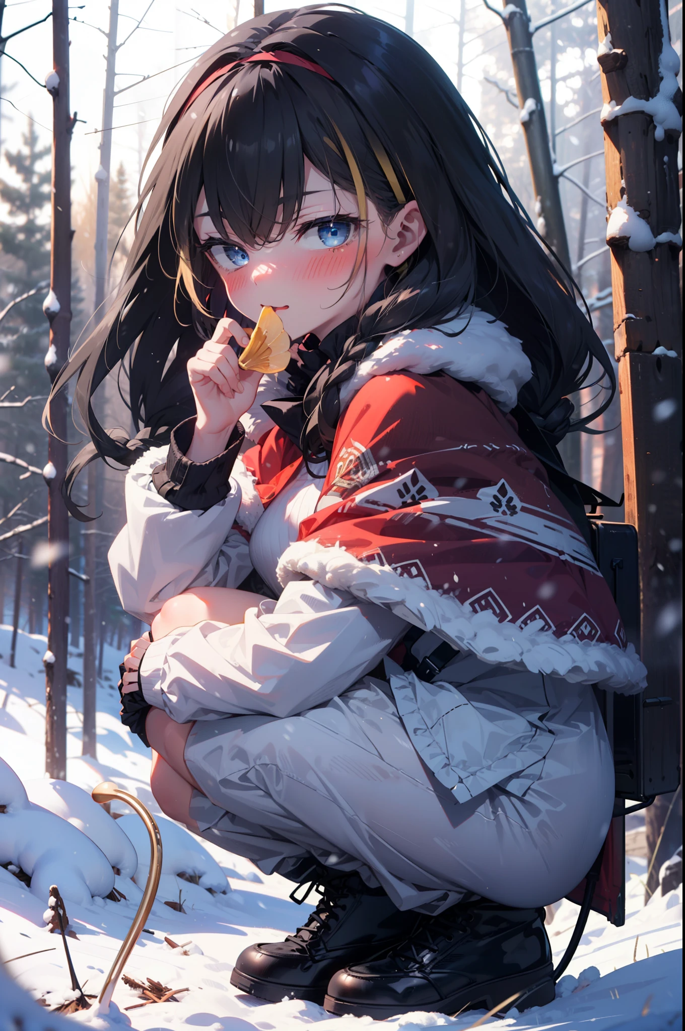 small, small, Black Hair, blue eyes, demon tail, hair band, Long Hair, mechanical tail, Multicolored Hair, tail, smile,blush,White Breath,Big Breasts,
Open your mouth,snow,Ground bonfire, Outdoor, boots, snowing, From the side, wood, suitcase, Cape, Blurred, having meal, forest, White handbag, nature,  Squat, Mouth closed, Cape, winter, Written boundary depth, Black shoes, red Cape break looking at viewer, Upper Body, whole body, break Outdoor, forest, nature, break (masterpiece:1.2), highest quality, High resolution, unity 8k wallpaper, (figure:0.8), (beautiful detailed eyes:1.6), extremely detailed face, Perfect lighting, extremely detailed CG, (Perfect hands, Perfect Anatomy),