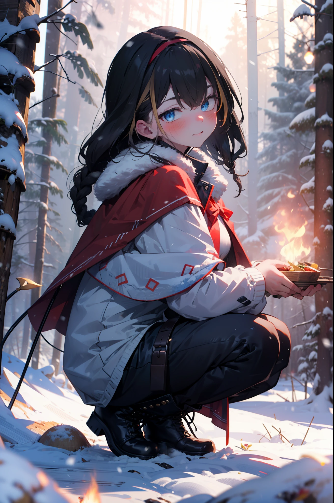 small, small, Black Hair, blue eyes, demon tail, hair band, Long Hair, mechanical tail, Multicolored Hair, tail, smile,blush,White Breath,Big Breasts,
Open your mouth,snow,Ground bonfire, Outdoor, boots, snowing, From the side, wood, suitcase, Cape, Blurred, having meal, forest, White handbag, nature, Squat, Mouth closed, Cape, winter, Written boundary depth, Black shoes, red Cape break looking at viewer, Upper Body, whole body, break Outdoor, forest, nature, break (masterpiece:1.2), highest quality, High resolution, unity 8k wallpaper, (figure:0.8), (beautiful detailed eyes:1.6), extremely detailed face, Perfect lighting, extremely detailed CG, (Perfect hands, Perfect Anatomy),