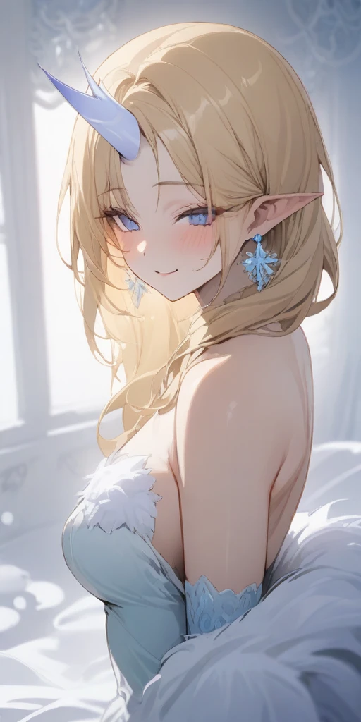 (masterpiece, best quality:1.2) intricate details, winter wonder soraka, 1girl, single horn, fur-trimmed dress, bare shoulders, earrings, blonde hair, pointy ears, smile