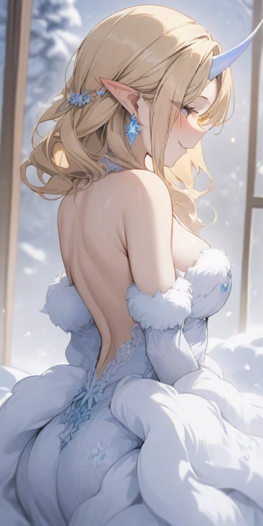 (masterpiece, best quality:1.2) intricate details, winter wonder soraka, 1girl, single horn, fur-trimmed dress, bare shoulders, earrings, blonde hair, pointy ears, smile