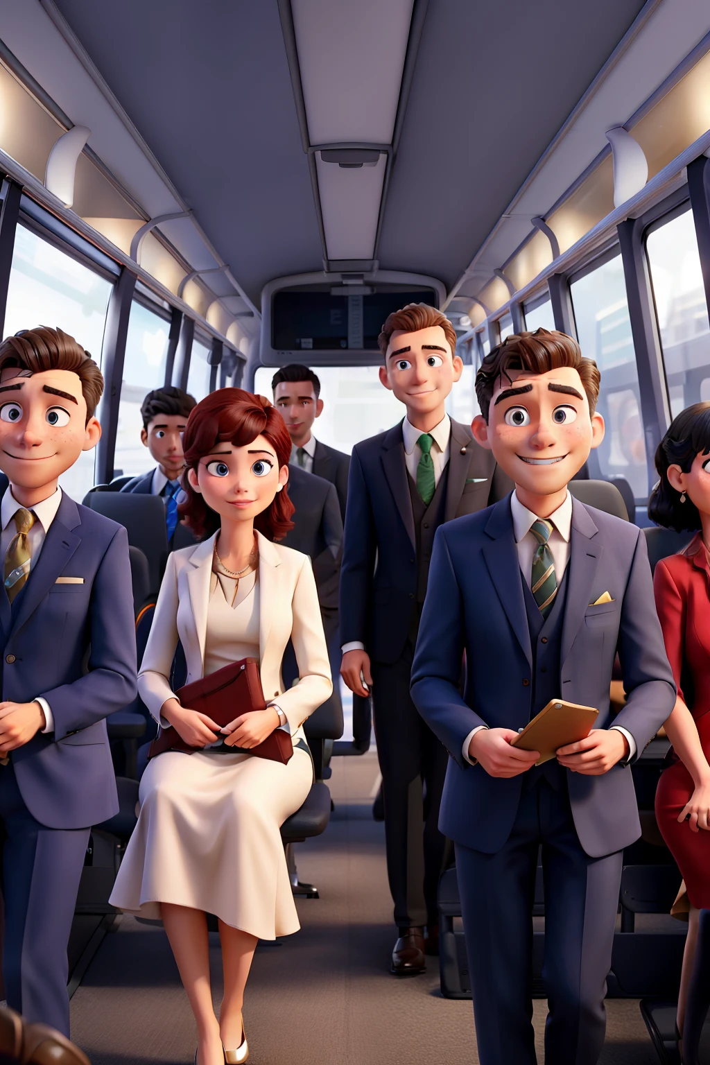 Group of men and women, men in suits and ties and women in dresses, inside a bus