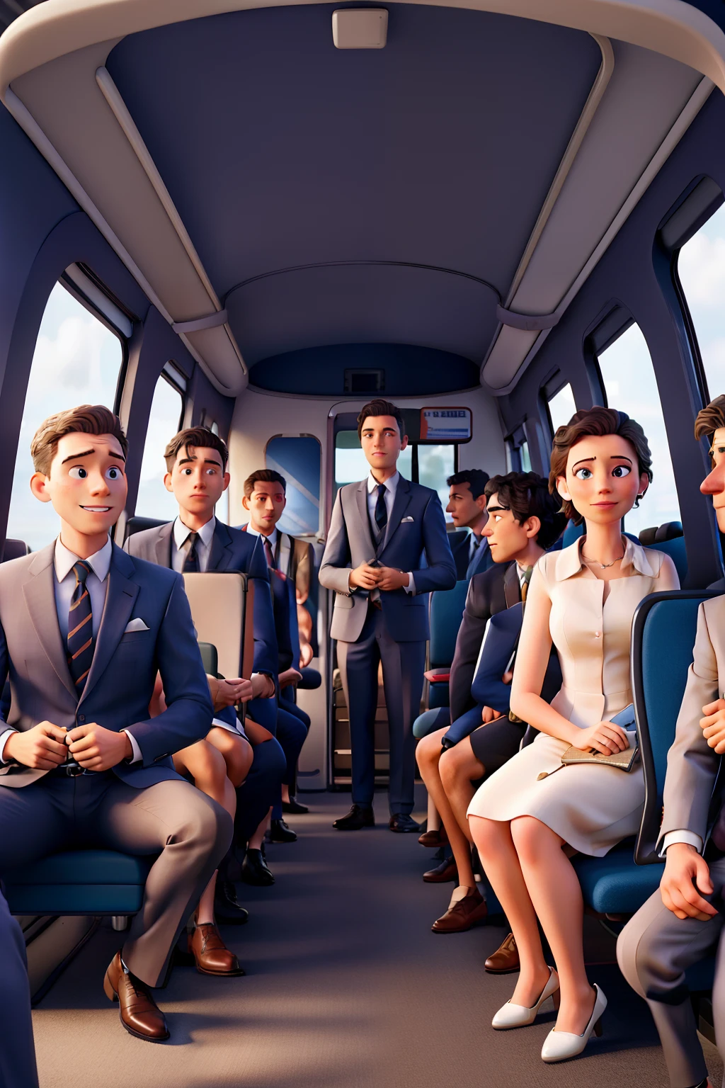 Group of men and women, men in suits and ties and women in dresses, inside a bus