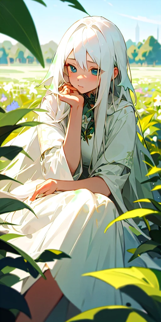 (masterpiece, best quality),1girl with long white hair sitting in a field of green plants and flowers, her hand under her chin, warm lighting, white dress, blurry foreground