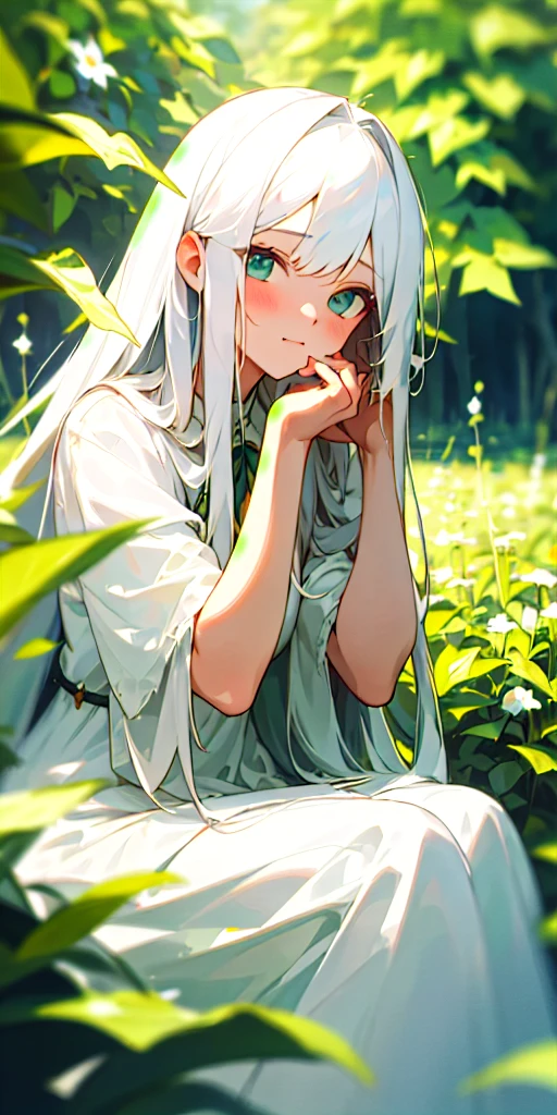 (masterpiece, best quality),1girl with long white hair sitting in a field of green plants and flowers, her hand under her chin, warm lighting, white dress, blurry foreground