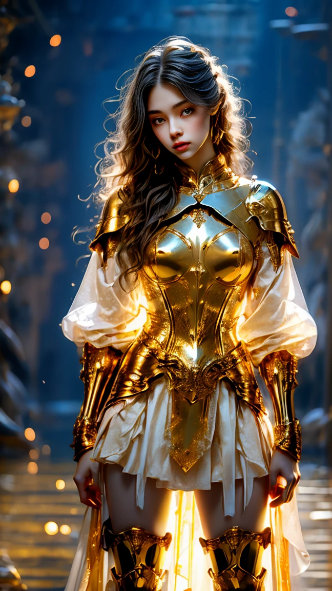 Painting of a woman in armor holding a sword，Golden Armor，Beautiful female knight，Light gold，Gold Obsidian Armor，golden goddess athena，Smooth golden armor，(Knee Shot:1.5)，Sexy，blue eyes，Extra large breasts，Pointy huge breasts gorgeous jewelry，Lips slightly open，Keep your lips elegant and charming，(blush)，Contempt，Calm and handsome，oc rendering reflection texture，Sexy风格，Medieval Castle Background，Slim body，Very small waist，(erect nipples see trough dress)，masterpiece，best quality，high resolution，8K，original photo，real picture，Digital Photography，(UHD, anatomically correct, textured skin, ccurate, award winning)