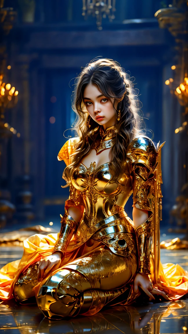 Painting of a woman in armor holding a sword，Golden Armor，Beautiful female knight，Light gold，Gold Obsidian Armor，golden goddess athena，Smooth golden armor，(Knee Shot:1.5)，Sexy，blue eyes，Extra large breasts，Pointy huge breasts gorgeous jewelry，Lips slightly open，Keep your lips elegant and charming，(blush)，Contempt，Calm and handsome，oc rendering reflection texture，Sexy风格，Medieval Castle Background，Slim body，Very small waist，(erect nipples see trough dress)，masterpiece，best quality，high resolution，8K，original photo，real picture，Digital Photography，(UHD, anatomically correct, textured skin, ccurate, award winning)