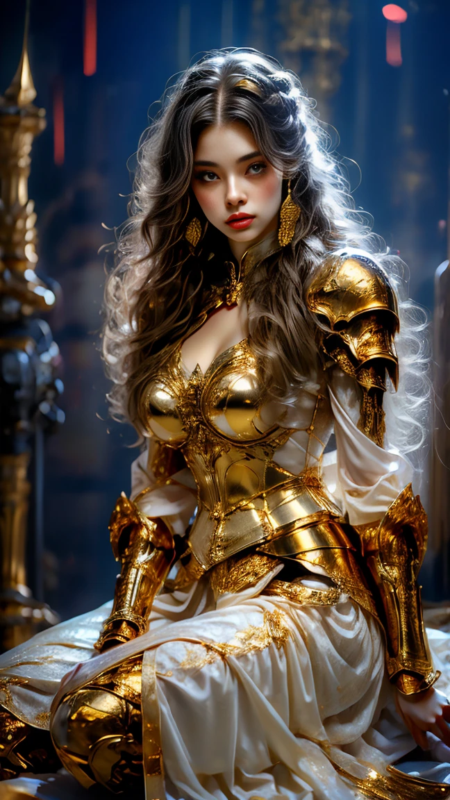 Painting of a woman in armor holding a sword，Golden Armor，Beautiful female knight，Light gold，Gold Obsidian Armor，golden goddess athena，Smooth golden armor，(Knee Shot:1.5)，Sexy，blue eyes，Extra large breasts，Pointy huge breasts gorgeous jewelry，Lips slightly open，Keep your lips elegant and charming，(blush)，Contempt，Calm and handsome，oc rendering reflection texture，Sexy风格，Medieval Castle Background，Slim body，Very small waist，(erect nipples see trough dress)，masterpiece，best quality，high resolution，8K，original photo，real picture，Digital Photography，(UHD, anatomically correct, textured skin, ccurate, award winning)