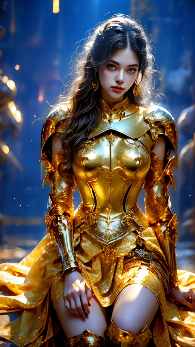 Painting of a woman in armor holding a sword，Golden Armor，Beautiful female knight，Light gold，Gold Obsidian Armor，golden goddess athena，Smooth golden armor，(Knee Shot:1.5)，Sexy，blue eyes，Extra large breasts，Pointy huge breasts gorgeous jewelry，Lips slightly open，Keep your lips elegant and charming，(blush)，Contempt，Calm and handsome，oc rendering reflection texture，Sexy风格，Medieval Castle Background，Slim body，Very small waist，(erect nipples see trough dress)，masterpiece，best quality，high resolution，8K，original photo，real picture，Digital Photography，(UHD, anatomically correct, textured skin, ccurate, award winning)