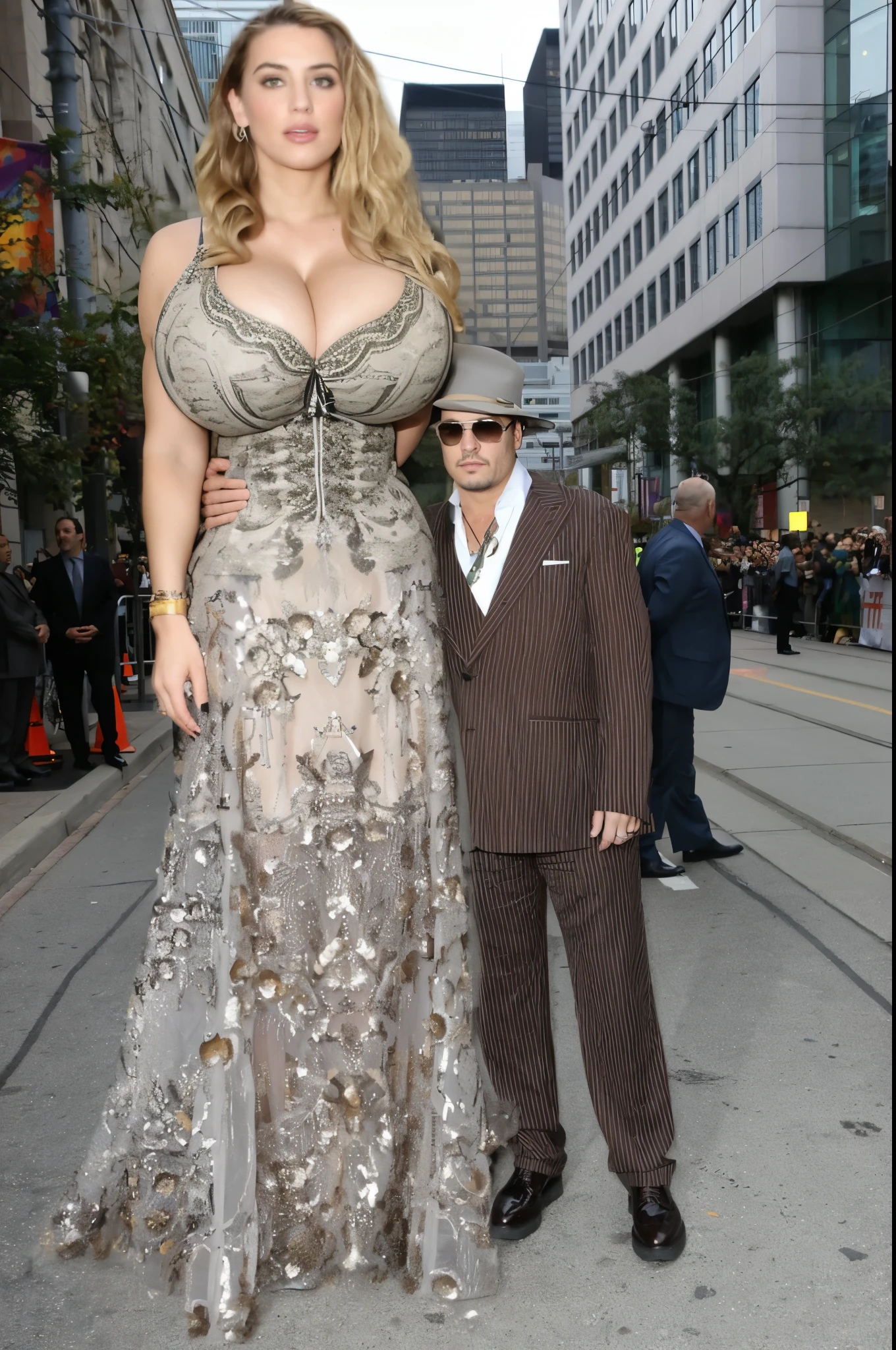 patterned dress, (big giant enormous oversized massive huge colossal :1.5), (gigantic sagging breasts(very long thick full hair), (extremely long hair), symmetric breasts, wavy