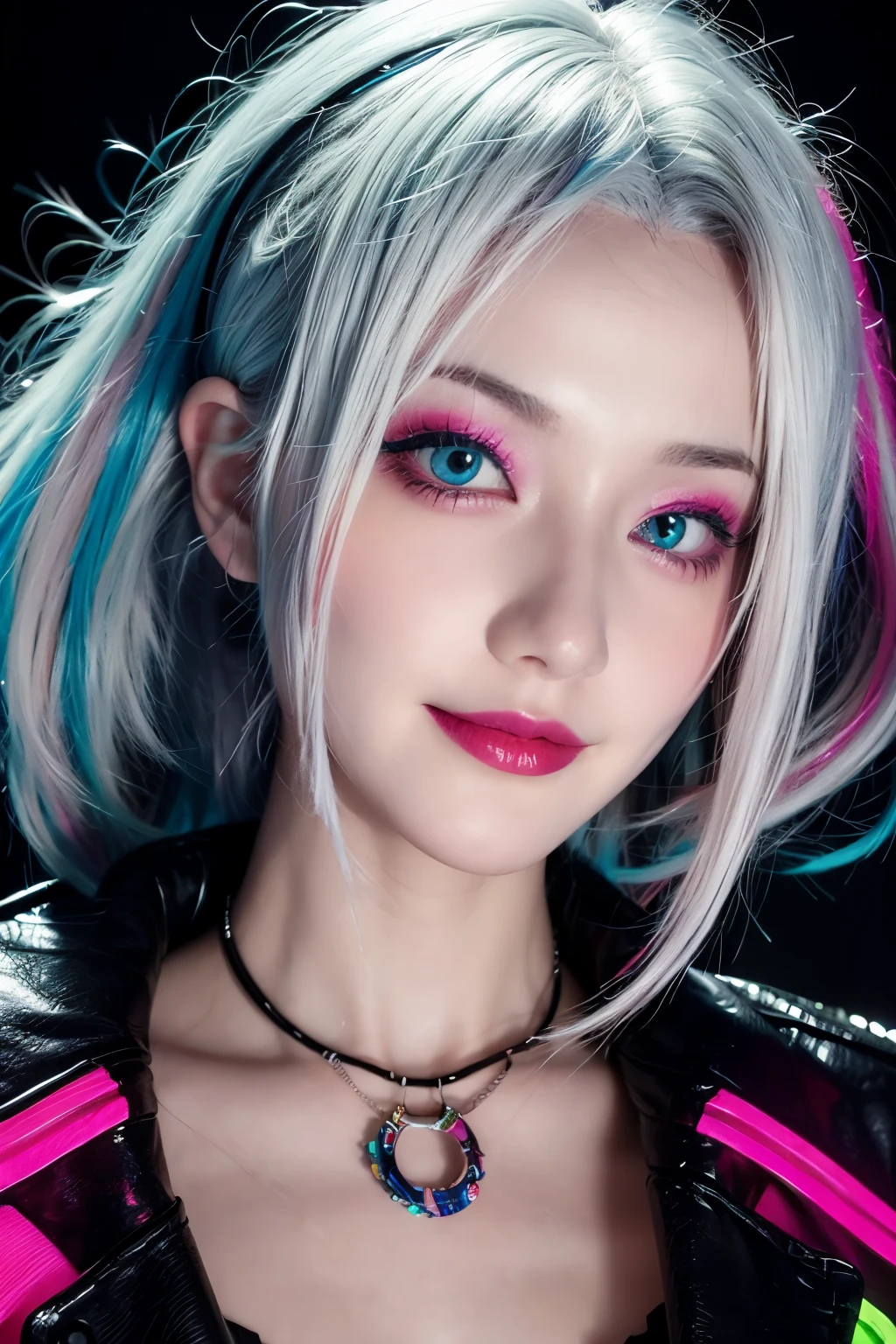 smiling, cute, pale skin, lipstick, girl with neon hair, closeup, multi color, neon rings around neck, neon jacket, neon background, neon lighting