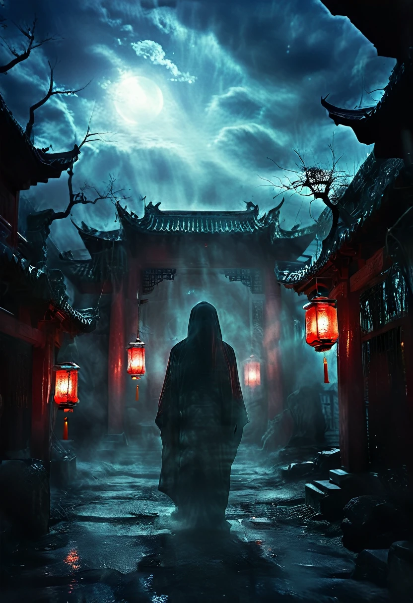 (best quality,high resolution:1.2),Super detailed,Practical:1.37,a transparent ghost in midnight,Chinese Temple,jungle,desolate,,dark,barren land,weird,mystery,horrible,Ominous Red,unforgettable,desolate,unmanned,(((Dark sky)))，Transparent ghost photo，Holding a lantern, moonlight, heavily clouded, dark幻想插画风格, dark艺术, High contrast, dark的阴影, Atmospheric perspective , Melancholic colors, Film composition, Volumetric Lighting, number, Brushstrokes, Dramatic Lighting, Low Angle, Surrealism, Ultra Detailed, Surrealism