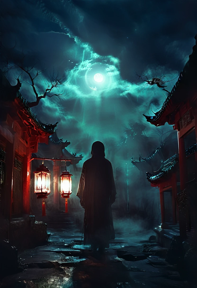 (best quality,high resolution:1.2),Super detailed,Practical:1.37,a transparent ghost in midnight,Chinese Temple,jungle,desolate,,dark,barren land,weird,mystery,horrible,Ominous Red,unforgettable,desolate,unmanned,(((Dark sky)))，Transparent ghost photo，Holding a lantern, moonlight, heavily clouded, dark幻想插画风格, dark艺术, High contrast, dark的阴影, Atmospheric perspective , Melancholic colors, Film composition, Volumetric Lighting, number, Brushstrokes, Dramatic Lighting, Low Angle, Surrealism, Ultra Detailed, Surrealism