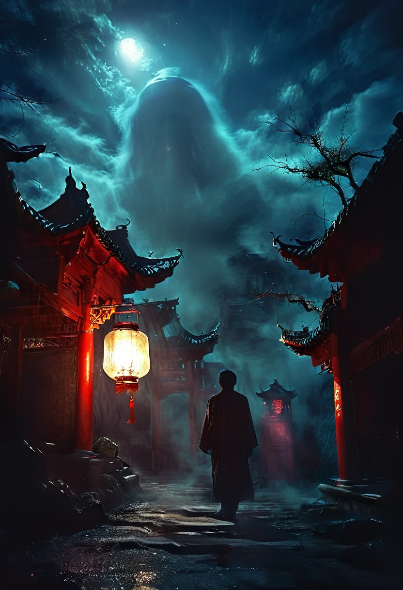(best quality,high resolution:1.2),Super detailed,Practical:1.37,a transparent ghost in midnight,Chinese Temple,jungle,desolate,,dark,barren land,weird,mystery,horrible,Ominous Red,unforgettable,desolate,unmanned,(((Dark sky))),Transparent ghost photo,Holding a lantern, moonlight, heavily clouded, dark幻想插画风格, dark艺术, High contrast, dark的阴影, Atmospheric perspective , Melancholic colors, Film composition, Volumetric Lighting, number, Brushstrokes, Dramatic Lighting, Low Angle, Surrealism, Ultra Detailed, Surrealism