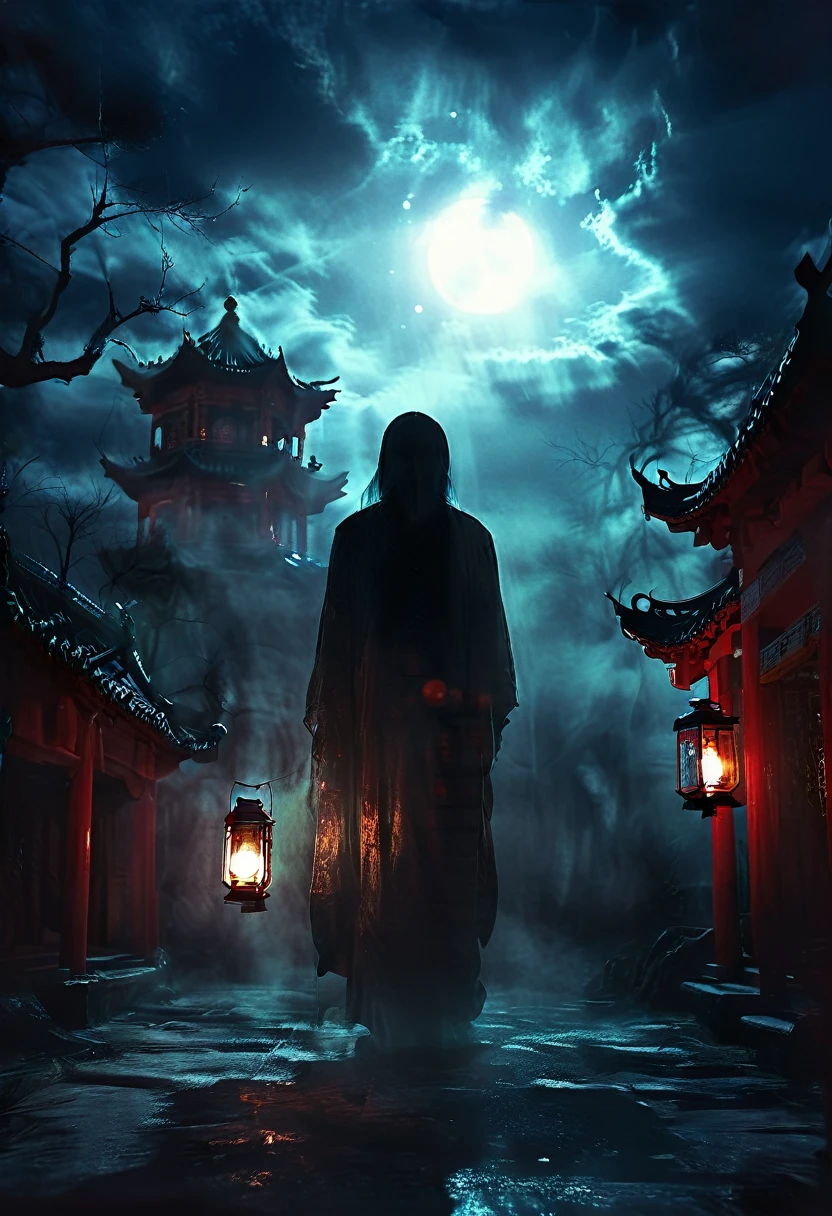 (best quality,high resolution:1.2),Super detailed,Practical:1.37,a transparent ghost in midnight,Chinese Temple,jungle,desolate,,dark,barren land,weird,mystery,horrible,Ominous Red,unforgettable,desolate,unmanned,(((Dark sky)))，Transparent ghost photo，Holding a lantern, moonlight, heavily clouded, dark幻想插画风格, dark艺术, High contrast, dark的阴影, Atmospheric perspective , Melancholic colors, Film composition, Volumetric Lighting, number, Brushstrokes, Dramatic Lighting, Low Angle, Surrealism, Ultra Detailed, Surrealism