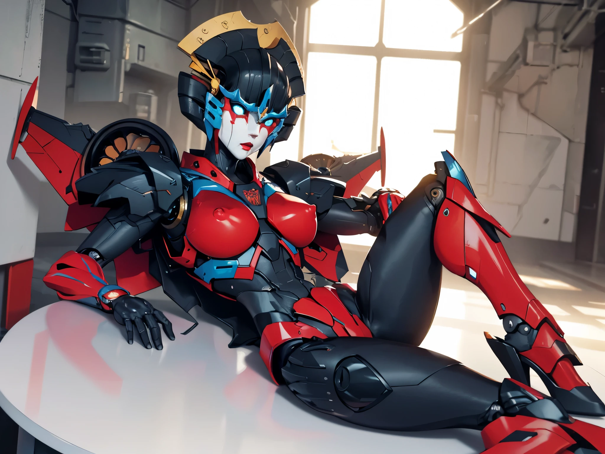 best quality,ultra-detailed,realistic,studio lighting,sensuous and vibrant colors,windblade,robot,mecha,autobot,sexy pose,spread legs,lying on a table,wings,nipples,metallic body,gleaming armor,elaborate mechanical details,magical glow,sharp edges,fierce expression,powerful stance,dynamic composition,graceful movement,energetic atmosphere,dramatic lighting,dystopian background,sci-fi vignette,urban setting,glowing neon lights,night atmosphere,mysterious aura,cyberpunk aesthetic,powerful energy,futuristic technology,high-tech weaponry,cool and sleek design,unforgettable character,unique personality,impressive craftsmanship,heroic presence,intense action.