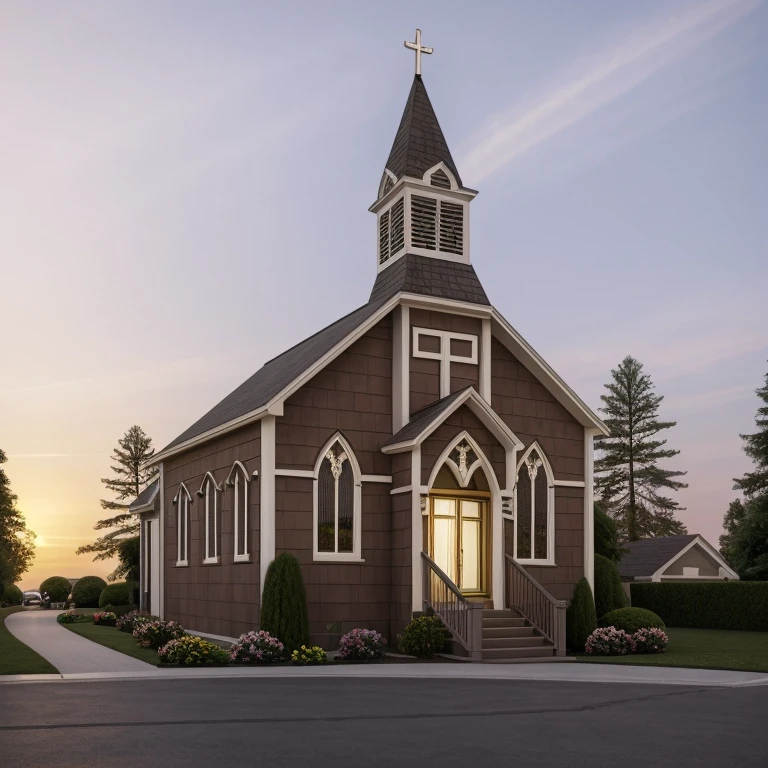 Ultra-realistic 8k, hd image quality, sharp detail, 2-story (((Church :1.3))) house, main materials: white walls, wooden ceiling accents, large glass windows, roads, cars, sidewalks, American Palm trees high, has a small alley, located in a residential area, modern style, shimmering sky, sunset light, feels peaceful, beautiful, close and warm, ((Warm light from indoor:1.3)), (daylight:1.2), perfect lighting,dynamic light,2 large glass doors,((1 large glass window:1.3)), (night light), (colorful flowers in front of the house)