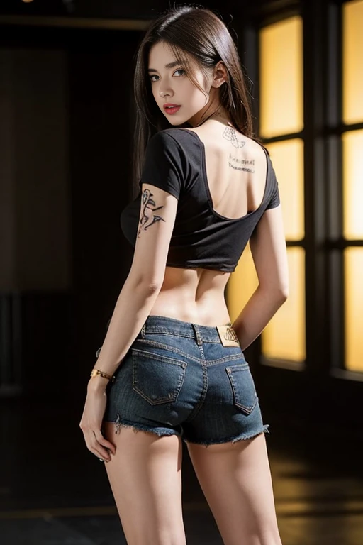 young girl (21 years old), (perfect face.), fit the body (Tattoo designs), (rock style), (green eyes), (full body close up), (tired: black band shirt, Torn jeans shorts), (gold color, short straight hair ), (Medium size, Stomach wide open, mannequin, Sagging , Hard nipplese back is a nightclub style..) Military boots
