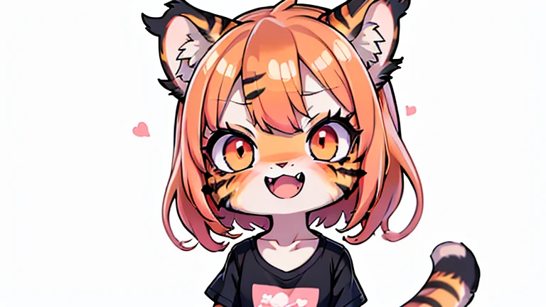 (masterpiece, High quality, Best quality, 8k, High resolution), ((chibii style, chibi cute)), (solo, 1 kid girl), {tiger girl, tiger face, 2 fangs, long eyelashes, eyeliner} {tiger whiskers}, (((Tiger skin all over the body, Tiger stripes on the body))), (orange hair), short hair, hair clip, [[hair clip white flower on hair]], ((very happy)), ((open mouth)), orange eyes, [black pupile], ((looking up)), (very small breasts), thin arms, (one Arm up, one arm down), armpits, ((mini pink T-shirt, full pink T-shirt)), {white shorts}, {{{mini tiger Tail, Tail on the back}}}, (full body), (((standing, jumping chopped angle))), dynamic pose, white background, simple background, ((((Tora-chan no Hanayome style)))), (old anime 40s style), anime style, anime color.