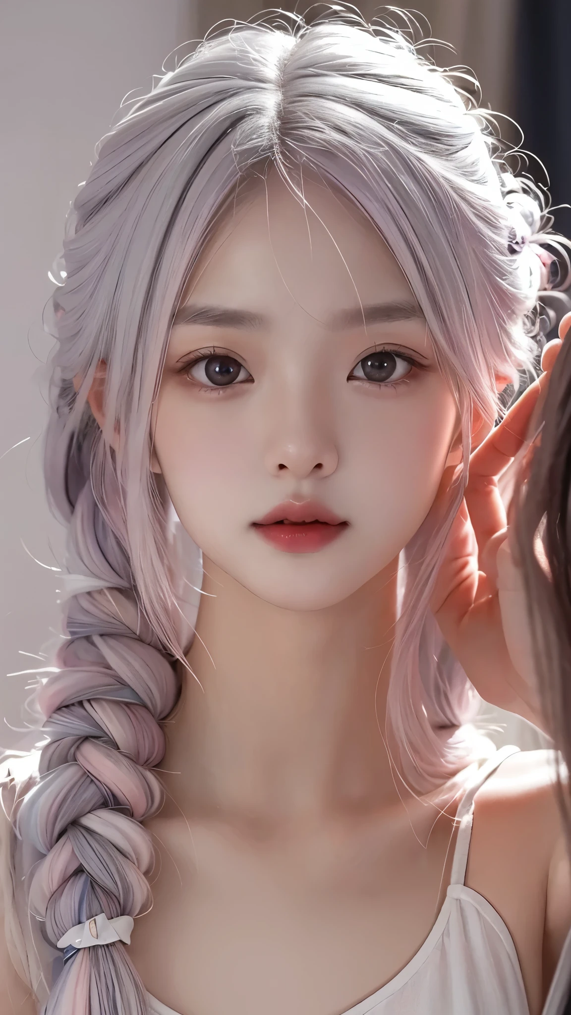 ((upper body)), 1girll,Light shines on the face, rosy lips, topknot, glowing eyes, hair bun, Surrealism, close-up, Sony FE GM, polar opposites, symmetry, UHD, masterpiece, super detail, high details, highres,pink silver hair,Small breasts,Are thin,A famous Korean idol singer with a rich voice,A famous Korean idol and beautiful dancer with advanced athletic ability,Eyes are narrow eyes,bright personality,The belly button and the surrounding area are exposed,