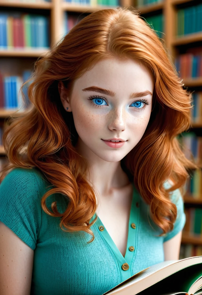 a beautiful and cozy library reading room white, also a 20-year-old college Girl [Elizabeth II:Maude Adams:0.45] with ginger hair, beauty freckles in her gorgeous face, is reading science book and get spontaneous bright ideas, her eyes looking up right, blue eyes with green and wearing a blue top, low key