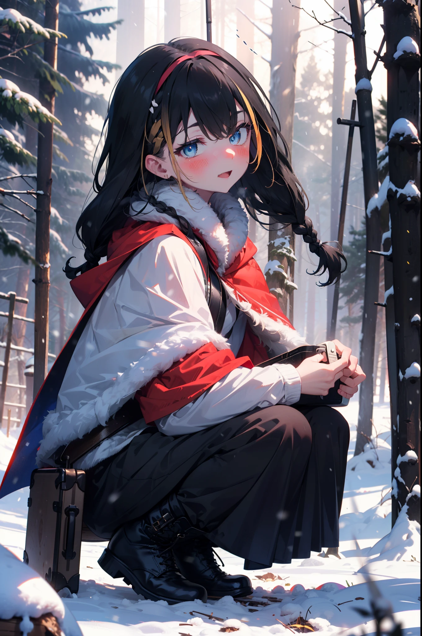 small, small, Black Hair, blue eyes, demon tail, hair band, Long Hair, mechanical tail, Multicolored Hair, tail, smile,blush,White Breath,
Open your mouth,snow,Ground bonfire, Outdoor, boots, snowing, From the side, wood, suitcase, Cape, Blurred, having meal, forest, White handbag, nature,  Squat, Mouth closed, Cape, winter, Written boundary depth, Black shoes, red Cape break looking at viewer, Upper Body, whole body, break Outdoor, forest, nature, break (masterpiece:1.2), highest quality, High resolution, unity 8k wallpaper, (figure:0.8), (beautiful detailed eyes:1.6), extremely detailed face, Perfect lighting, extremely detailed CG, (Perfect hands, Perfect Anatomy),