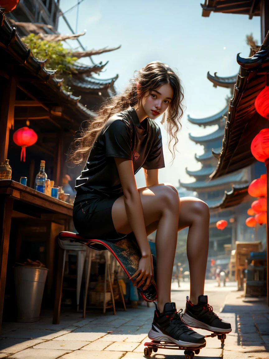 18-year-old player，Ultra HD resolution，8k，Realistic style，Sporty，Natural light，Jersey texture，cheer，Long hair，hale and hearty，whole body，White skin，Chinese Girl，Chinese Girl，long hair，In the city，High-rise buildings，很多High-rise buildings，Long legs，Smile，Blue sky，audience，Facing the camera，Short-sleeved jersey，Black neckline，Black cuffs，Black shorts，Sweatpants，sports shoes，whole body，skateboard，大Long legs，masterpiece，best quality，high resolution，8K，original photo，real picture，Digital Photography，(UHD, anatomically correct, textured skin, ccurate, award winning)