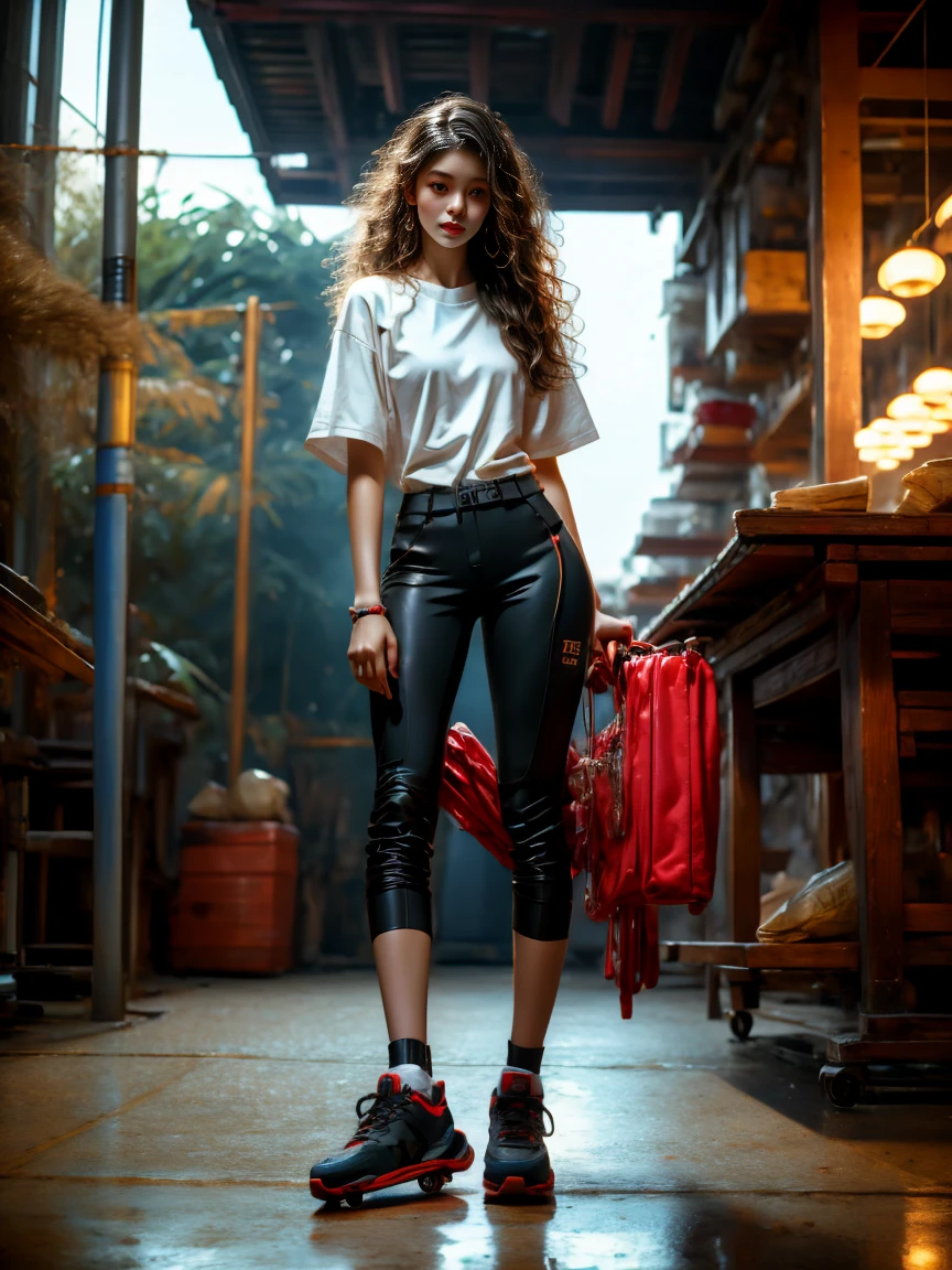 18-year-old player，Ultra HD resolution，8k，Realistic style，Sporty，Natural light，Jersey texture，cheer，Long hair，hale and hearty，whole body，White skin，Chinese Girl，Chinese Girl，long hair，In the city，High-rise buildings，很多High-rise buildings，Long legs，Smile，Blue sky，audience，Facing the camera，Short-sleeved jersey，Black neckline，Black cuffs，Black shorts，Sweatpants，sports shoes，whole body，skateboard，大Long legs，masterpiece，best quality，high resolution，8K，original photo，real picture，Digital Photography，(UHD, anatomically correct, textured skin, ccurate, award winning)