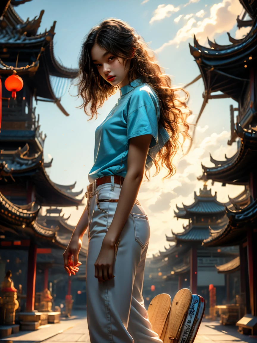 18-year-old player，Ultra HD resolution，8k，Realistic style，Sporty，Natural light，Jersey texture，cheer，Long hair，hale and hearty，whole body，White skin，Chinese Girl，Chinese Girl，long hair，In the city，High-rise buildings，很多High-rise buildings，Long legs，Smile，Blue sky，audience，Facing the camera，Short-sleeved jersey，Black neckline，Black cuffs，Black shorts，Sweatpants，sports shoes，whole body，skateboard，大Long legs，masterpiece，best quality，high resolution，8K，original photo，real picture，Digital Photography，(UHD, anatomically correct, textured skin, ccurate, award winning)