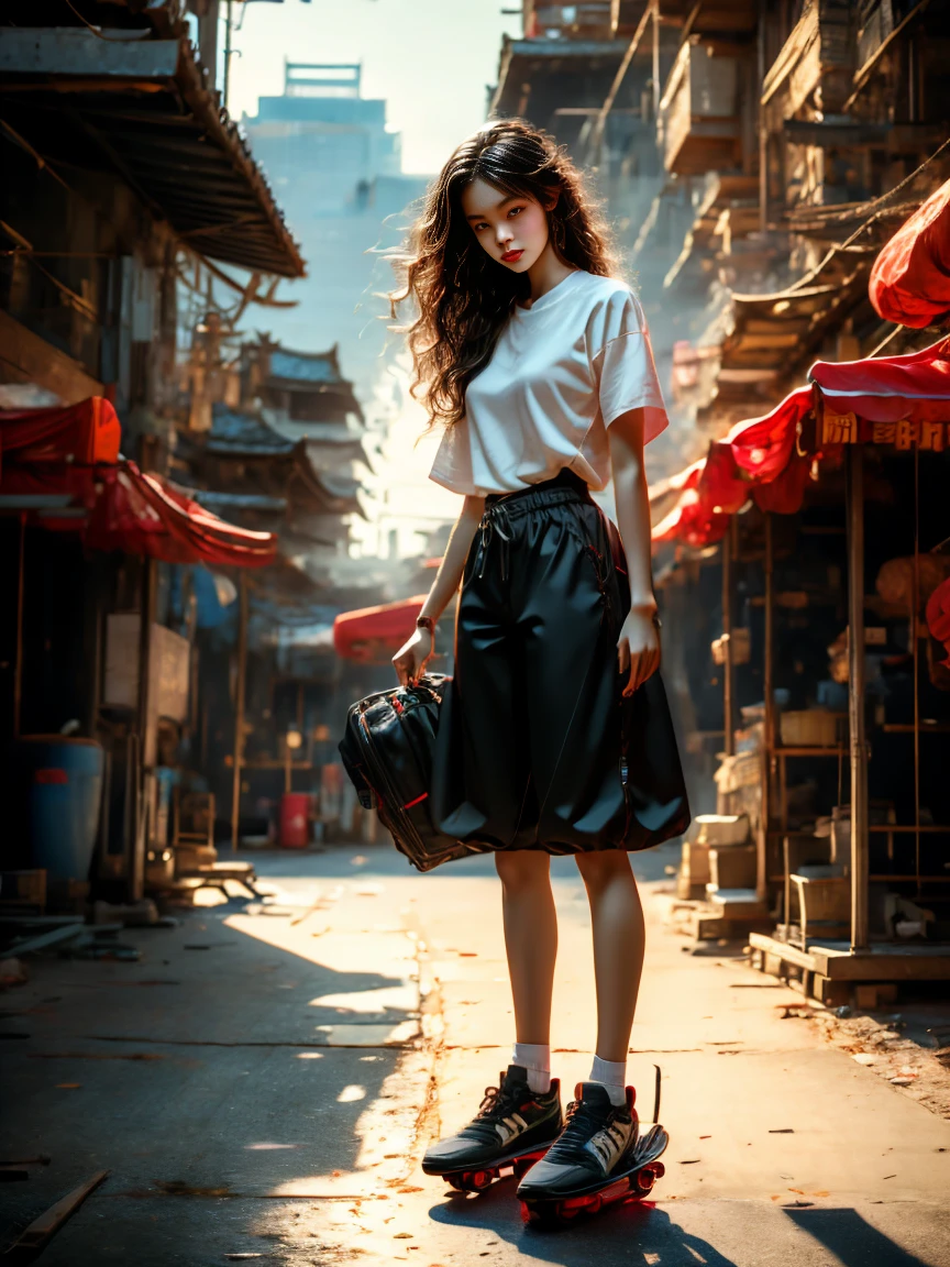 18-year-old player，Ultra HD resolution，8k，Realistic style，Sporty，Natural light，Jersey texture，cheer，Long hair，hale and hearty，whole body，White skin，Chinese Girl，Chinese Girl，long hair，In the city，High-rise buildings，很多High-rise buildings，Long legs，Smile，Blue sky，audience，Facing the camera，Short-sleeved jersey，Black neckline，Black cuffs，Black shorts，Sweatpants，sports shoes，whole body，skateboard，大Long legs，masterpiece，best quality，high resolution，8K，original photo，real picture，Digital Photography，(UHD, anatomically correct, textured skin, ccurate, award winning)