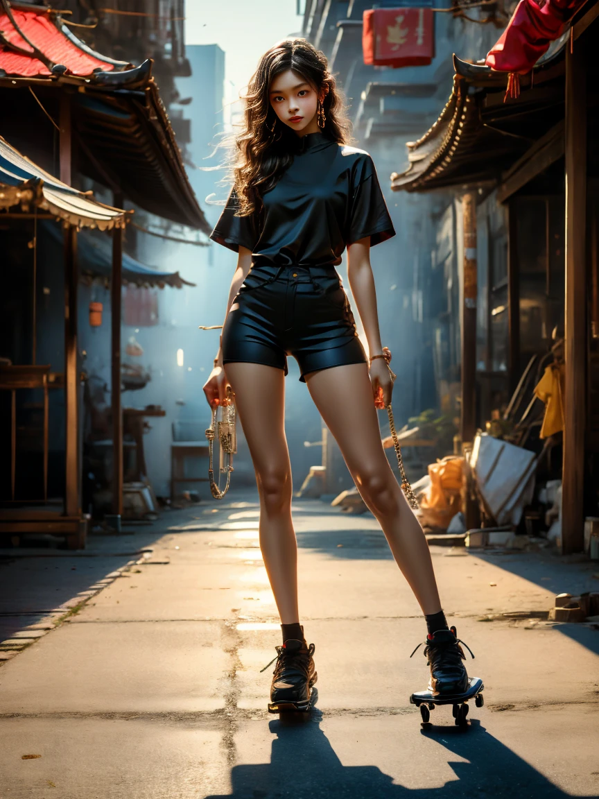 18-year-old player，Ultra HD resolution，8k，Realistic style，Sporty，Natural light，Jersey texture，cheer，Long hair，hale and hearty，whole body，White skin，Chinese Girl，Chinese Girl，long hair，In the city，High-rise buildings，很多High-rise buildings，Long legs，Smile，Blue sky，audience，Facing the camera，Short-sleeved jersey，Black neckline，Black cuffs，Black shorts，Sweatpants，sports shoes，whole body，skateboard，大Long legs，masterpiece，best quality，high resolution，8K，original photo，real picture，Digital Photography，(UHD, anatomically correct, textured skin, ccurate, award winning)