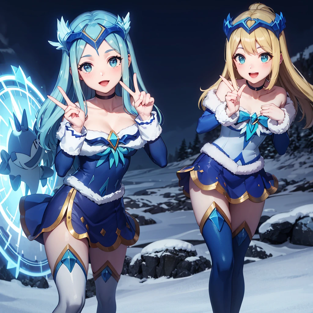 masterpiece,best quality,highres,ultra-detailed, winter wonder soraka kissing Aqua, aqua hair,long hair,hair ornament,blue theme,magical girl,blue choker,ribbon,heart brooch,dress,white dress,short sleeves,wrist cuffs,blue skirt,thighhighs,white thighhighs,high heels,outdoors,standing,:d,peace sign