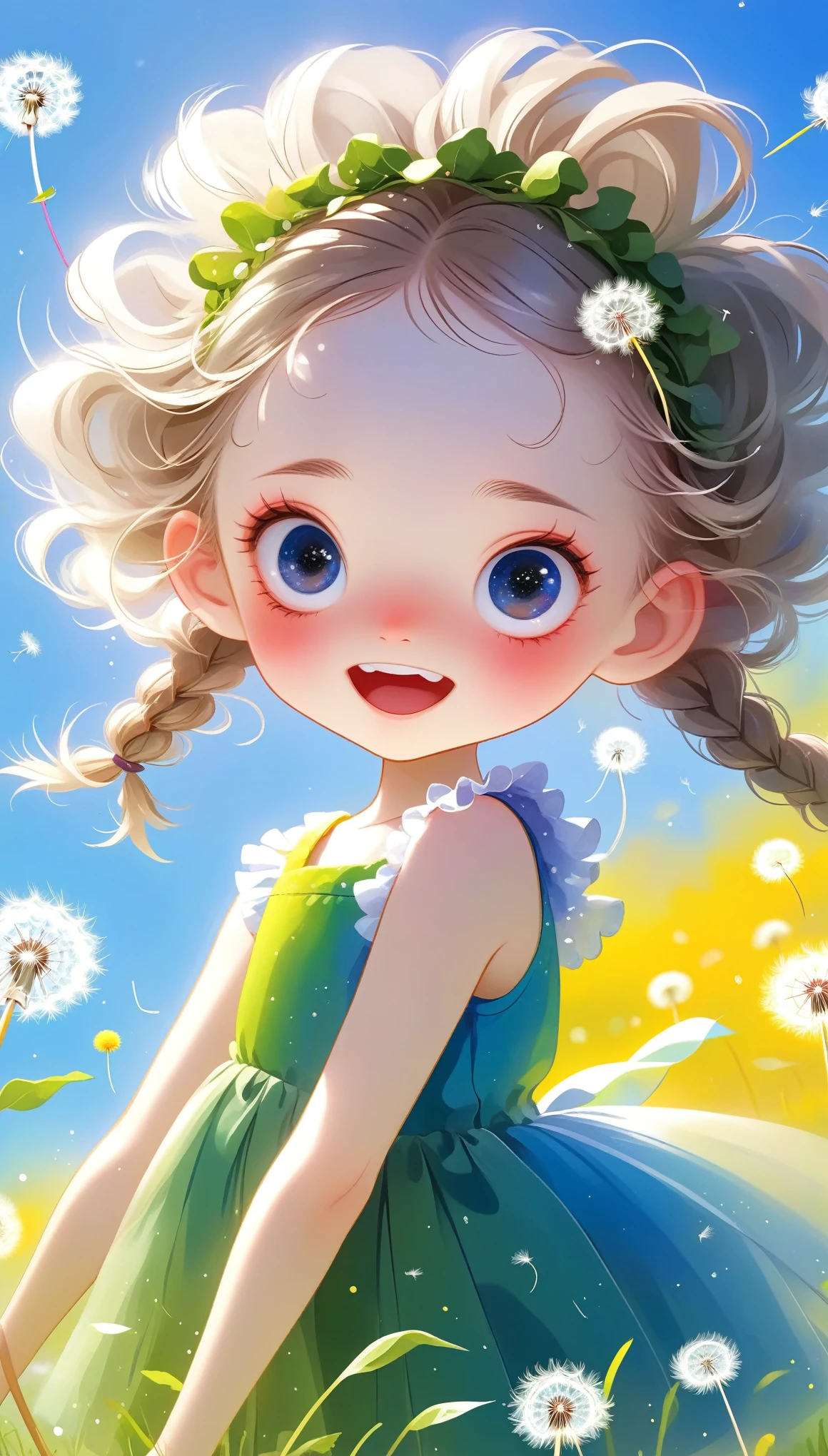 1 Girl(Lovely, Kawaii,,Hair shiny,Braided hair,Messy hair,Dandelion Hair Accessories,Eye Color Universe,big eyes,Dynamic Angle:1.4,whole body,Dynamic poses，Tutu，,Delicate face,Bright colors,Blowing dandelion seeds,Smile),