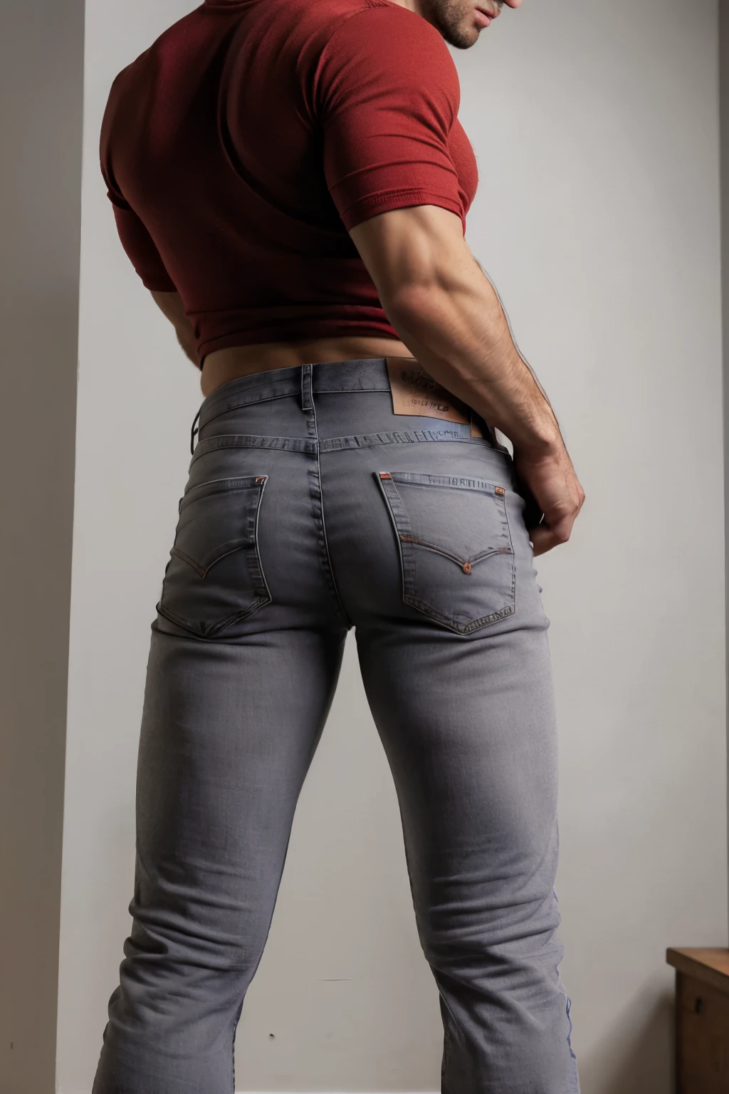 muscular man, stubble, scruffy, broad shoulders, face detailed, wearing red commandforce, full body, muscular body, big butt, gray jeans backside bent over