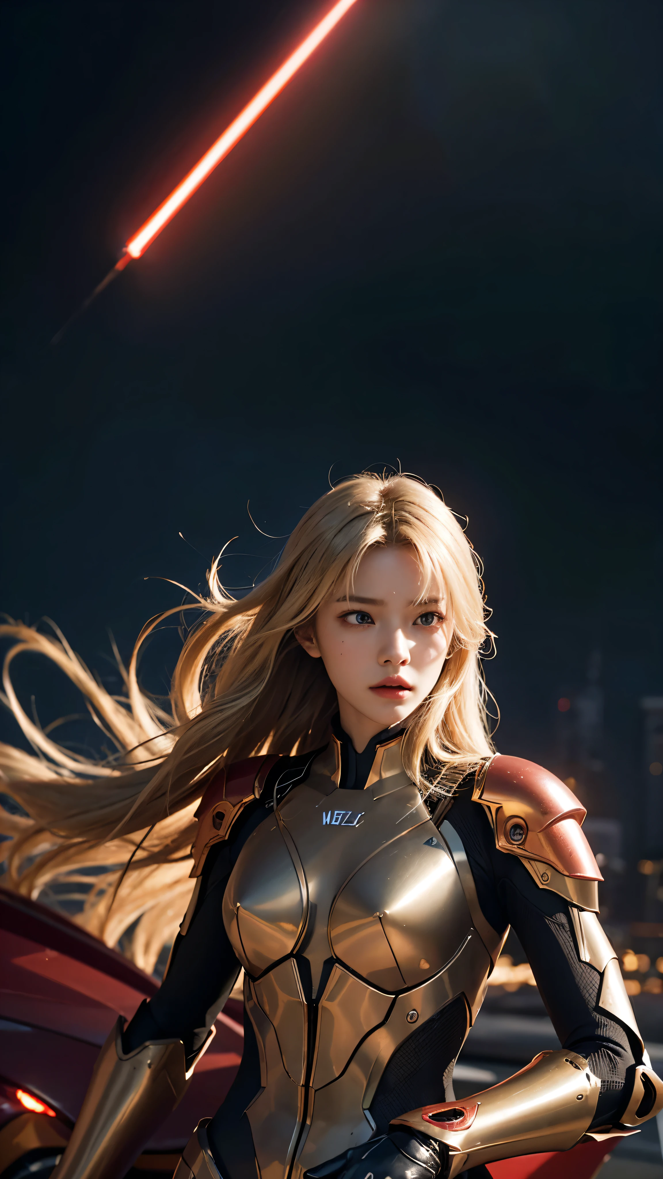 With high-definition images、Neon Genesis EVANGELION:At the Center of the Battlefield、Focus on intricately detailed heroic characters。The meticulously designed shiny red armored suit、Highlights perfectly defined muscles on a toned body。Reflected cinematic lighting bathes the scene in an ethereal glow、Illuminate his armor、Creates a fascinating sight。 Long, flowing blonde hair cascading down the female protagonist's back、It catches the light and sparkles with every movement.。A shadow illuminated by the moonlight、Her strong jawline、Sculpted features、And scan the horizon、It highlights his sharp, determined eyes, eager to search for signs of danger.