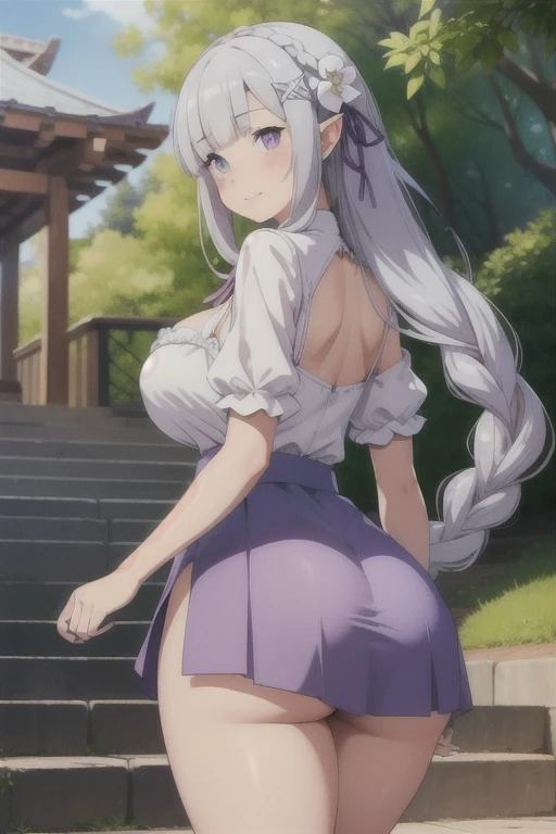 (masterpiece:1.2, best quality:1.2, beautiful, high quality, highres:1.1, aesthetic), detailed, extremely detailed, ambient soft lighting, 4K, perfect eyes, perfect face, perfect lighting, 1girl, solo, huge breasts, huge ass, huge thighs, narrow waist, wide hips, thick thighs, curvy, standing, looking at viewer, view focus on her ass, back to the viewer, walking up stairs, Emilia, Emilia from re zero, long hair, silver hair, blunt bangs, braid, hair ornament, hair flower, hair ribbon, purple ribbon blue pupils, purple eyes, ringed eyes, elf, cleavage, center opening, mini skirt, skirt flip, pantys, blushing,sweating, (breathing hard), (panting), anime, smile, outdoors, (masterpiece:1.2), highres, best quality, 8k, very clear,