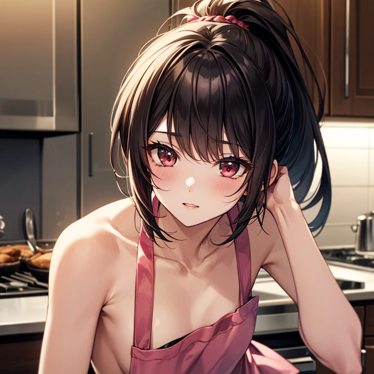 (masterpiece:1.4),, (highest quality:1.4),, Ultra-high resolution,, 8k, CG,, (Very delicate and beautiful:1.2),, , whole body,,from the front,, View your viewers,, , One Girl,, alone,, Robber Girl,, Mature Girls,, , cute, sweet,, ,kitchen,, Blurred Background,, ,ponytail, ,, , 茶colorの目,, color々performance,, Red lips,, , Face blown by the wind,, Black Hair ,Small breasts，((Naked apron))