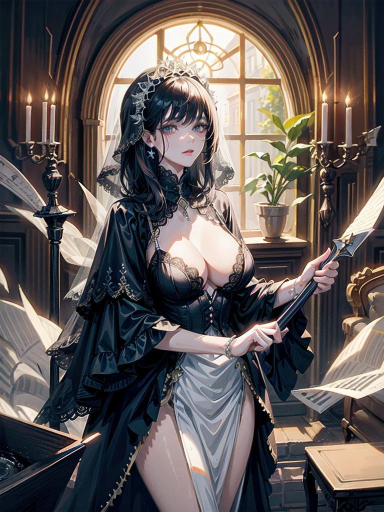 whole body, bloody huge axe, sickly, black dress, face veil, boots, mansion, hall, absurdres, RAW photo, extremely delicate and beautiful, masterpiece, Best Quality, ultra high resolution, 32k, hyperrealistic, ultra-detailed description, pale skin, 20 years old, detailed beautiful face and eyes, tearful mole, earring, Colossal tits, short medium wavy hair,