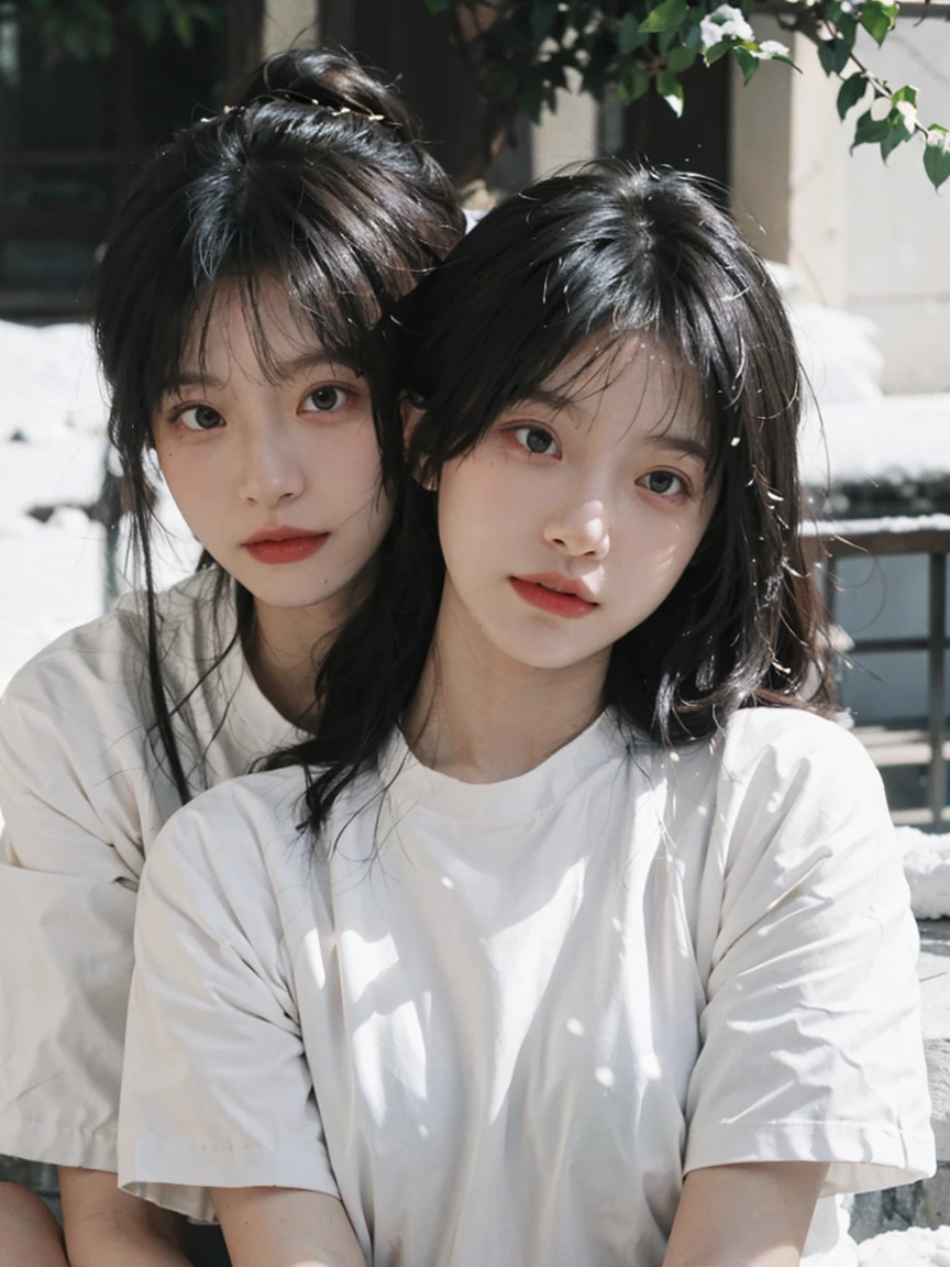 best quality， Ultra-high resolution， White background，（Upper Body：1.4）（Realistically：1.4）， 2个girl，（Medium shot：1.4K Gold），Short sleeve，Lovely，atmosphere，twin，A pair of eyes as clear as snow,Royal sisters，girl，Looking at the audience， close up ，