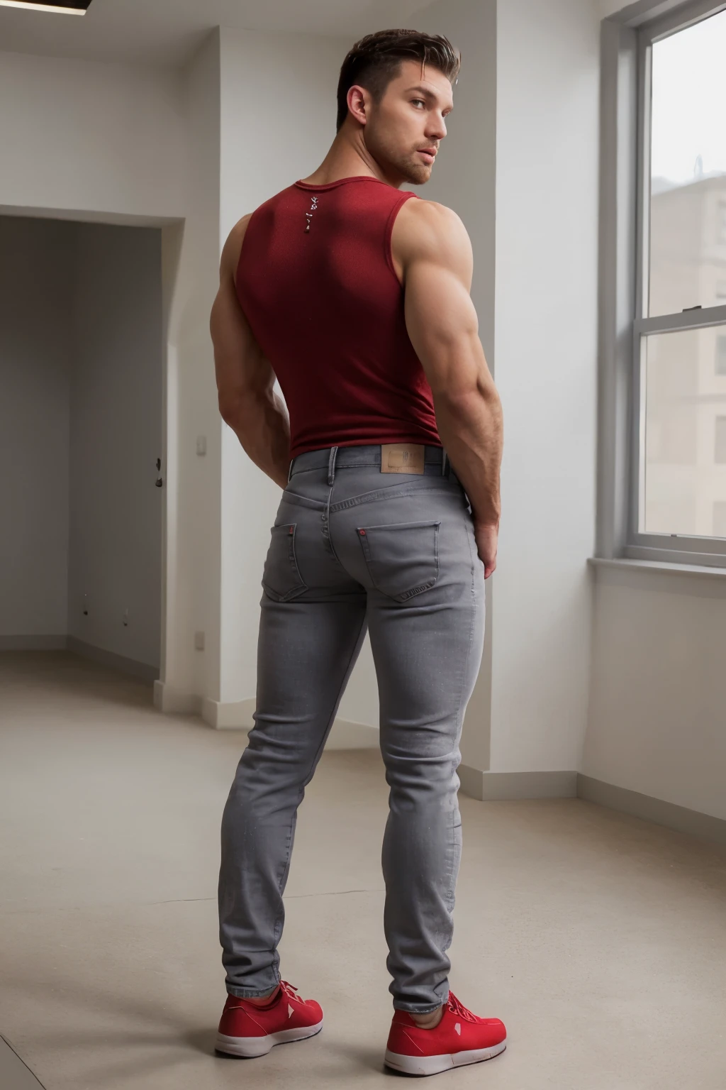 muscular man, stubble, scruffy, broad shoulders, face detailed, wearing red commandforce, full body, muscular body, big butt, gray jeans backside
