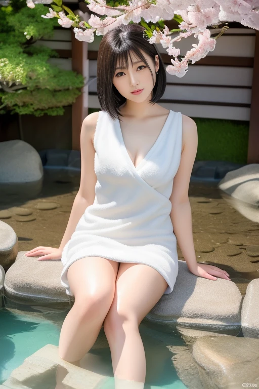 highest quality, high quality, highest quality, 8k, (ultra high res), (high resolution), highest quality, masterpiece, realistic human body in every detail, realistic skin in every detail, realistic face in every detail, realistic in every detail Reproduction, realistic lips in every detail, realistic ears in every detail, realistic hair in every detail, weapons realistic in every detail, realistic reproduction in every detail, realistic fingers in every detail, (beautiful hands), realistic feet in every detail, ( (Beautiful Japanese girl)), (Japanese model), (Japanese woman), ((24 year old beautiful girl)), (Black hair), (Medium bob hair), ((Full body)), ((Beautiful breasts) ), (Slim style), (Glossy skin all over), (Fair skin), White towel, Small towel, ((Wrap a small towel around the body)), ((Small towel dress)), (Soft natural light), (Open-air bath by the cherry blossoms), (Open-air bath), (Real rock bath), (Hot spring girls), (Sitting in the hot spring), (Clear water), (Unclouded water),