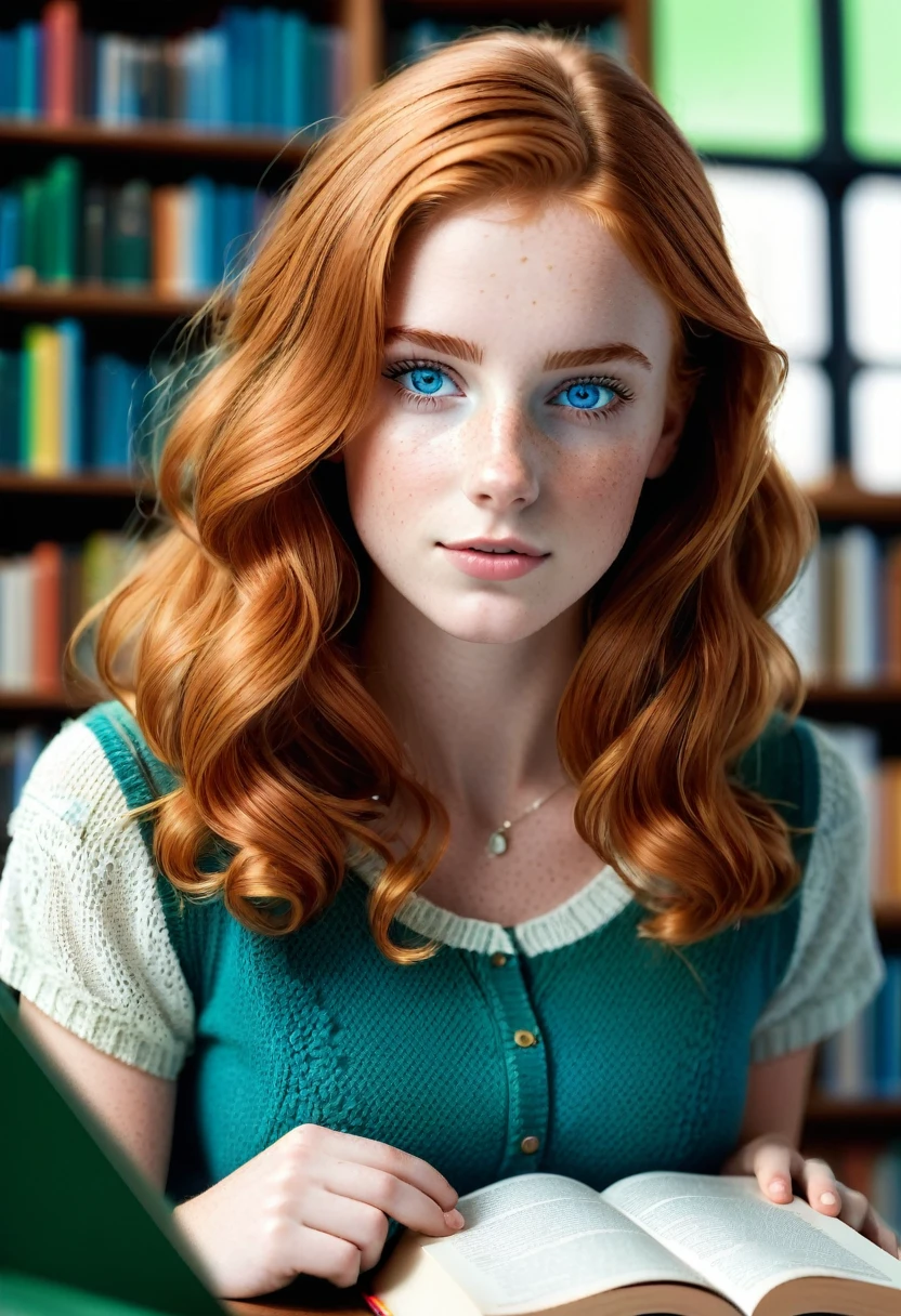 a beautiful and cozy library reading room white, also a 20-year-old college Girl [Elizabeth II:Maude Adams:0.45] with ginger hair, beauty freckles in her gorgeous face, is reading science book and get spontaneous bright ideas, her eyes looking up right, blue eyes with green and wearing a blue top, low key